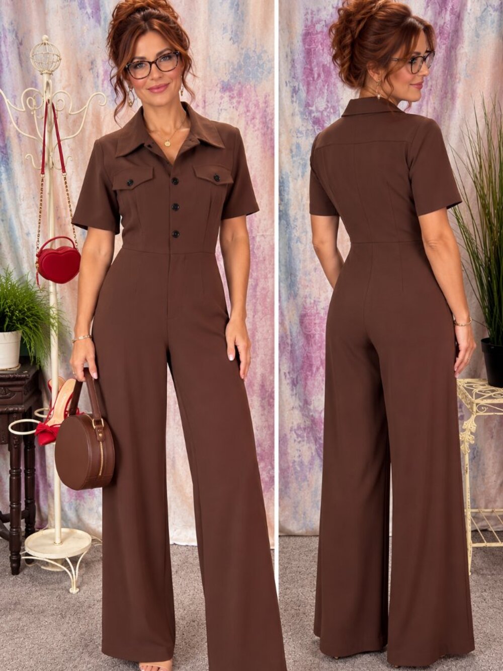 📌Vintage Style Nougat Brown Fitted Lapel Collar Jumpsuit Box Pleat on the Back